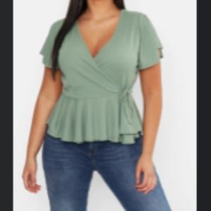 Plus rib wrap cap sleeve peplum top